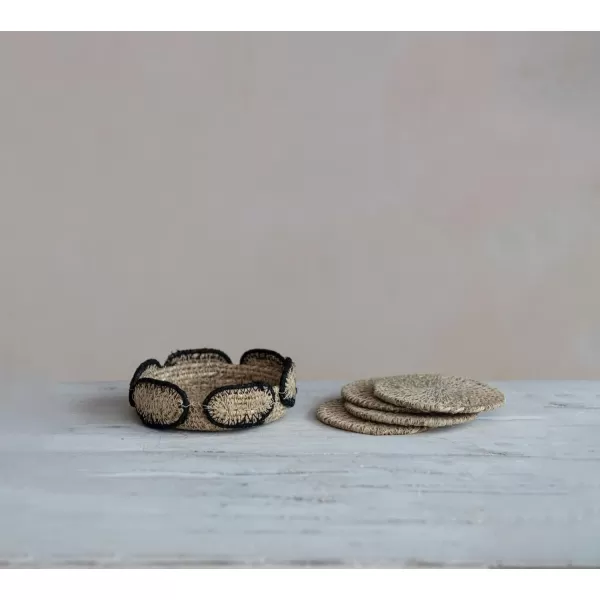 imageCreative CoOp Boho 2Tone Woven Seagrass Basket Holder Natural and Black Set of 4 Coaster