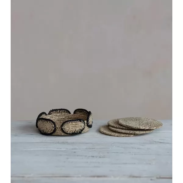 imageCreative CoOp Boho 2Tone Woven Seagrass Basket Holder Natural and Black Set of 4 Coaster