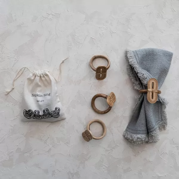 imageCreative CoOp Boho Woven Bamboo Linen Drawstring Bag Set of 4 Napkin Ring Natural