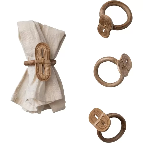 imageCreative CoOp Boho Woven Bamboo Linen Drawstring Bag Set of 4 Napkin Ring Natural