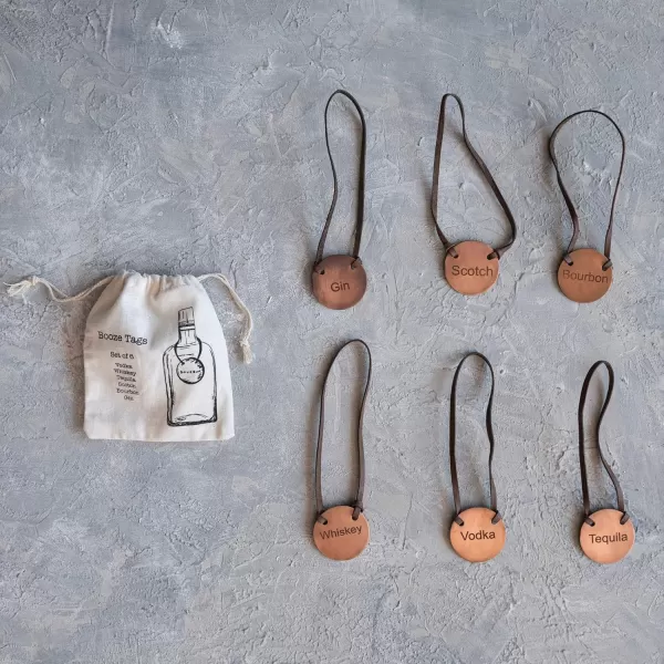 imageCreative CoOp Buffalo Leather and Cast Iron Engraved Metal Bottle Tags Set of 6 Kitchen Utility Copper