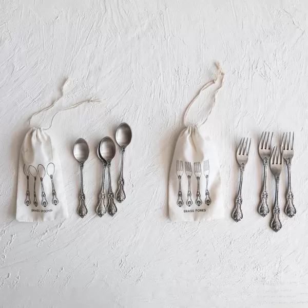 imageCreative CoOp Embossed Brass Drawstring Bag Set of 4 Antique Silver Finish Appetizer Forks