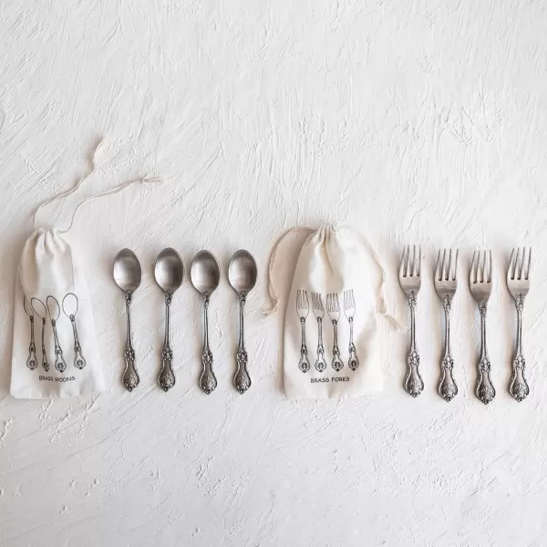 imageCreative CoOp Embossed Brass Drawstring Bag Set of 4 Antique Silver Finish Appetizer Forks