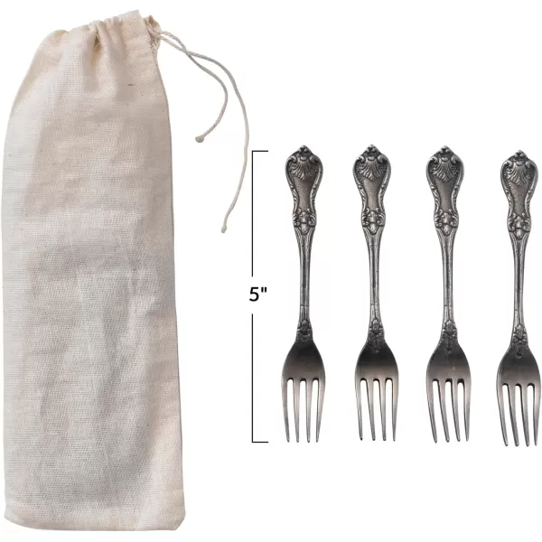 imageCreative CoOp Embossed Brass Drawstring Bag Set of 4 Antique Silver Finish Appetizer Forks