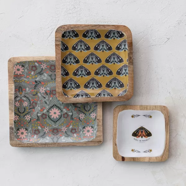 imageCreative CoOp Enameled Wood Moths and Florals Set of 3 Sizes Multicolor Tray Multi