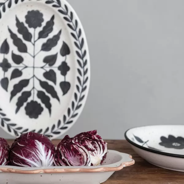 imageCreative CoOp Hand Painted Stoneware Floral Design Black and White Platter