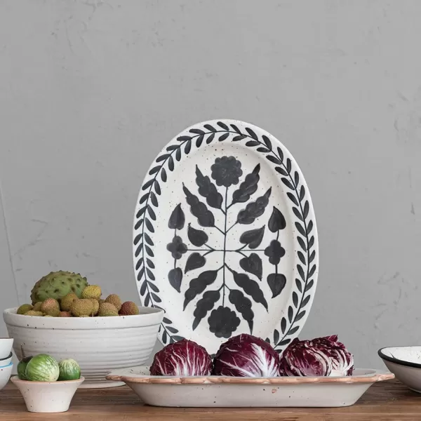 imageCreative CoOp Hand Painted Stoneware Floral Design Black and White Platter