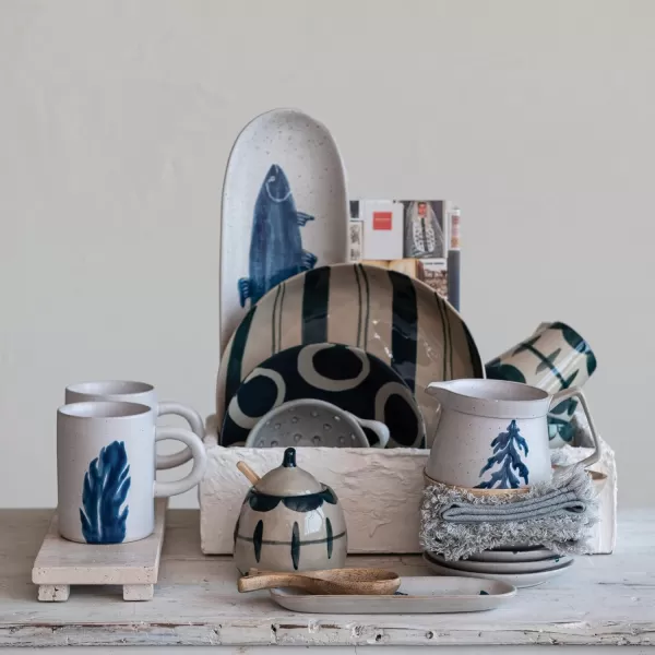 imageCreative CoOp Hand Painted Stoneware Geometric Designs Set of 6 Black and Tan Bowl Blue