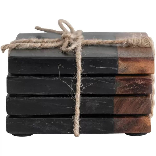 imageCreative CoOp Marble and Acacia Wood 2Tone Black and Natural Set of 4 Coaster