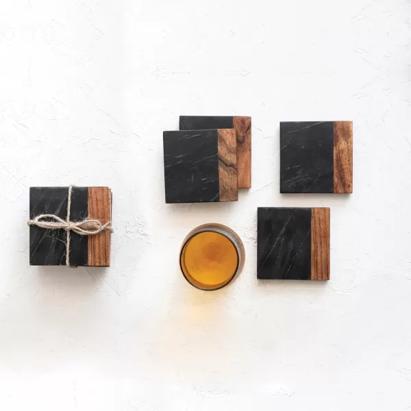 imageCreative CoOp Marble and Acacia Wood 2Tone Black and Natural Set of 4 Coaster