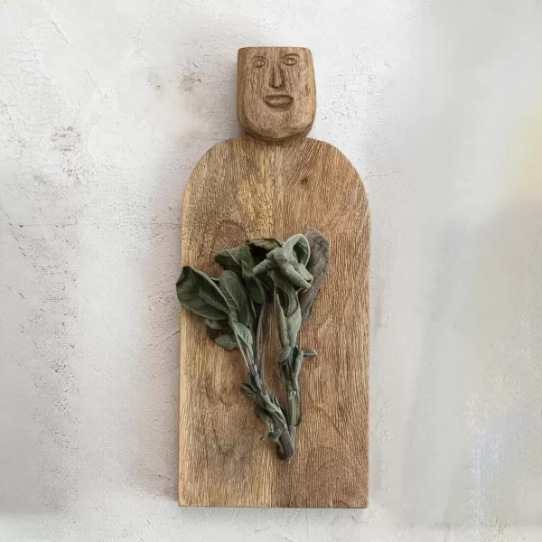 imageCreative CoOp Medium HandCarved Mango Wood Slicer Face Handle Design and Combed Finish Natural Cheese and Cutting Board
