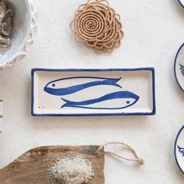 imageCreative CoOp Rectangular Stoneware Bowl with Fish Design White and Blue Plate Large