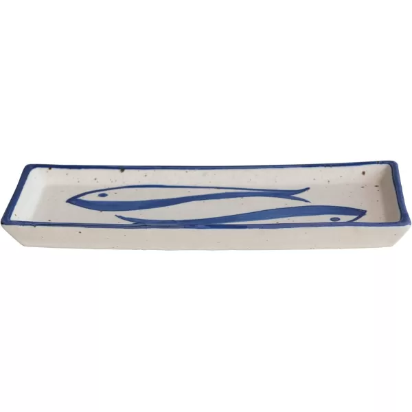 imageCreative CoOp Rectangular Stoneware Bowl with Fish Design White and Blue Plate Large