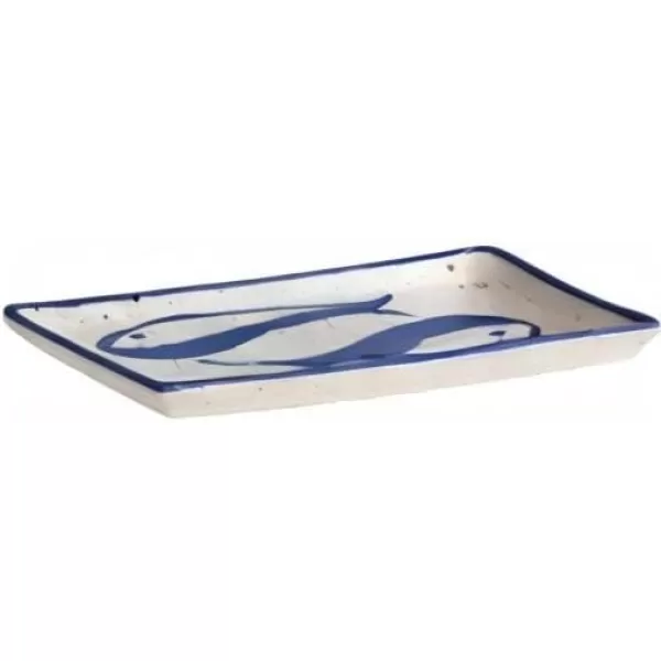imageCreative CoOp Rectangular Stoneware Bowl with Fish Design White and Blue Plate Large