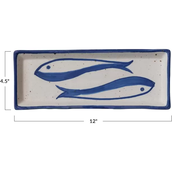 imageCreative CoOp Rectangular Stoneware Bowl with Fish Design White and Blue Plate Large