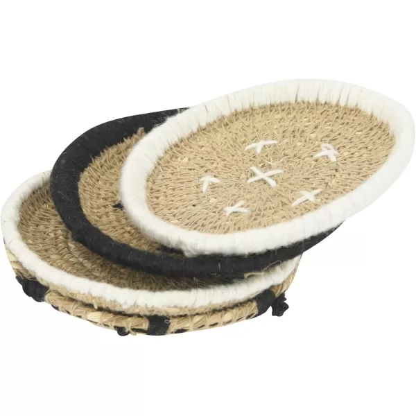 imageCreative CoOp Round Handwoven Natural Seagrass Stitching Set of 4 Burlap Bag Coasters Black 4 Count