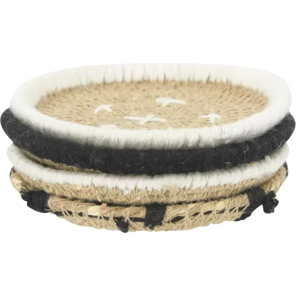 imageCreative CoOp Round Handwoven Natural Seagrass Stitching Set of 4 Burlap Bag Coasters Black 4 Count