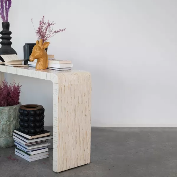 imageCreative CoOp Round Stoneware Waste Raised Dots and Removable Acacia Wood Rim Matte Black and Natural Set of 2 Bin