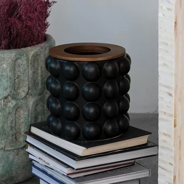 imageCreative CoOp Round Stoneware Waste Raised Dots and Removable Acacia Wood Rim Matte Black and Natural Set of 2 Bin