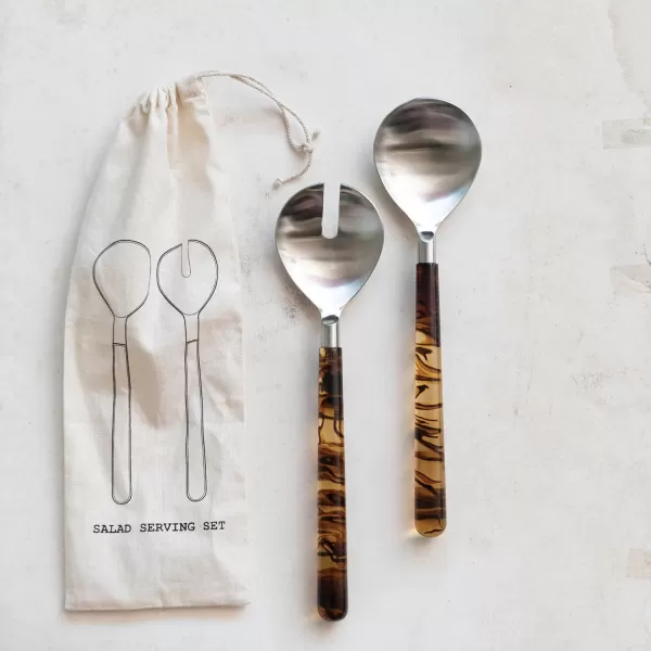 imageCreative CoOp Stainless Steel Marbled Resin Handles Set of 2 Styles Salad Servers Brown