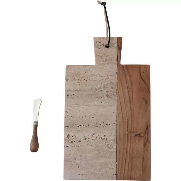 imageCreative CoOp Stone and Acacia Wood Charcuterie Leather Tie and Canap Knife Natural CheeseCutting Board