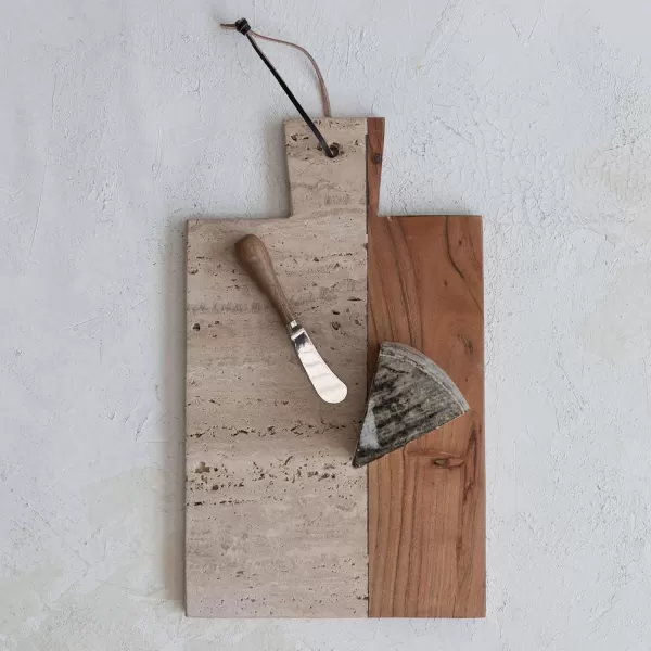 imageCreative CoOp Stone and Acacia Wood Charcuterie Leather Tie and Canap Knife Natural CheeseCutting Board
