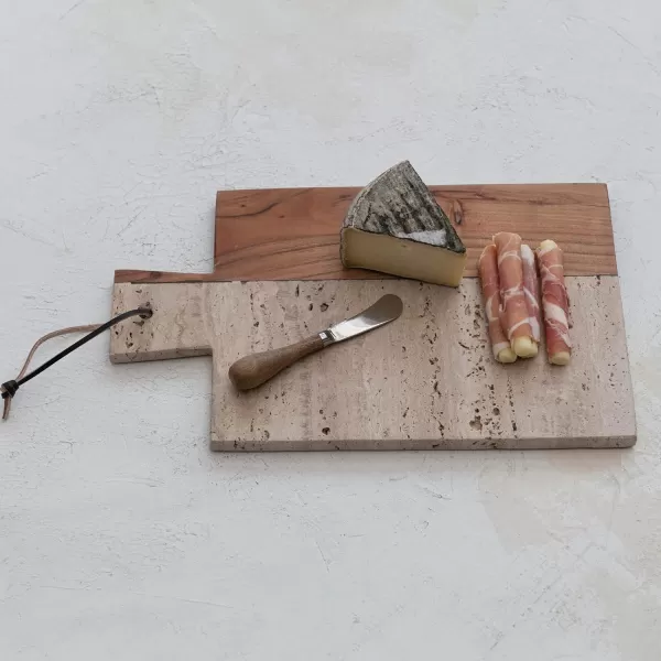imageCreative CoOp Stone and Acacia Wood Charcuterie Leather Tie and Canap Knife Natural CheeseCutting Board