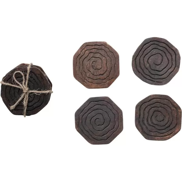 imageCreative CoOp 4 Inches Round HandCarved Mango Wood Distressed Finish Natural Set of 4 Coaster Brown