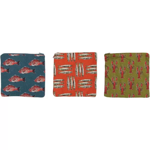 imageCreative CoOp Cotton Zip Pouch with Sea Life Illustrations Set of 3 Styles Multicolor Food Storage Multi