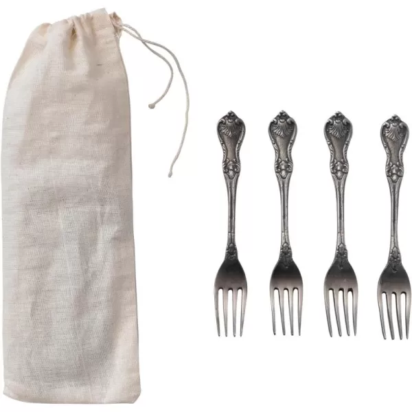 imageCreative CoOp Embossed Brass Drawstring Bag Set of 4 Antique Silver Finish Appetizer Forks