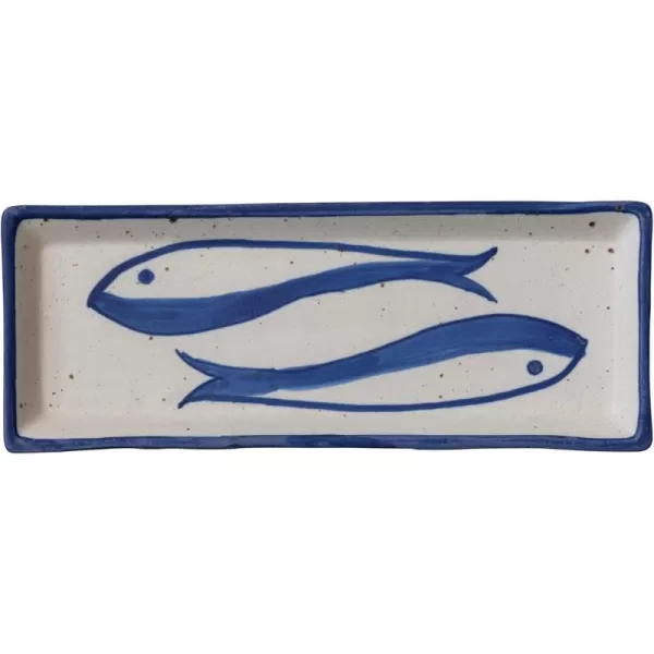 imageCreative CoOp Rectangular Stoneware Bowl with Fish Design White and Blue Plate Large