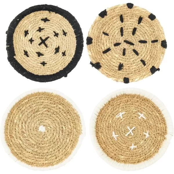imageCreative CoOp Round Handwoven Natural Seagrass Stitching Set of 4 Burlap Bag Coasters Black 4 Count