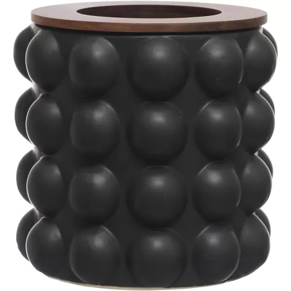 imageCreative CoOp Round Stoneware Waste Raised Dots and Removable Acacia Wood Rim Matte Black and Natural Set of 2 Bin