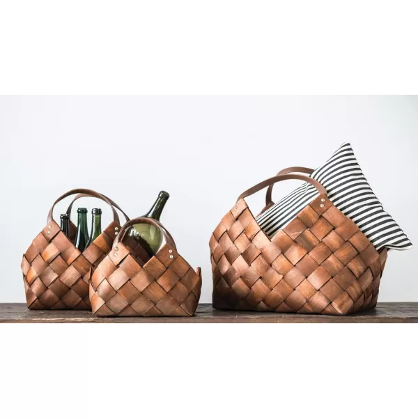 imageCreative CoOp Brown Woven Seagrass Baskets with Leather Handles Set of 3 Sizes Wicker NonFood Storage