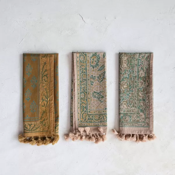 imageCreative CoOp Cotton Printed Patterns and Tassels Set of 3 Styles Multicolor Tea Towel Multi
