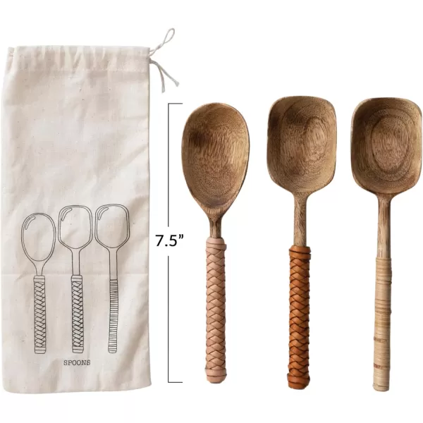 imageCreative CoOp Mango Wood Bamboo and Leather Wrapped Handles Set of 3 Spoon Set 2quot L x 2quot W x 8quot H Natural