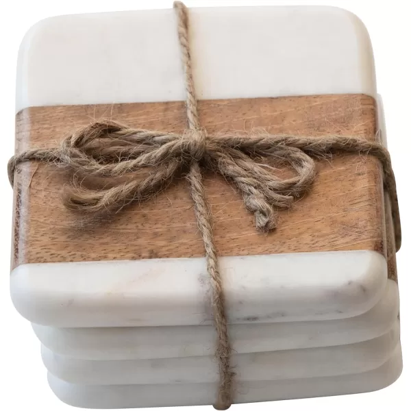 imageCreative CoOp Marble ampamp Acacia Wood White ampamp Natural Set of 4 Coaster 4quot