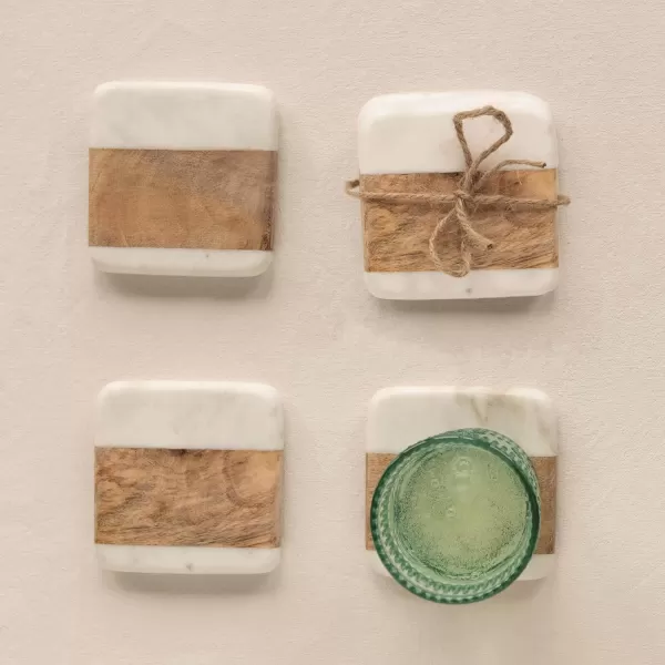 imageCreative CoOp Marble ampamp Acacia Wood White ampamp Natural Set of 4 Coaster 4quot