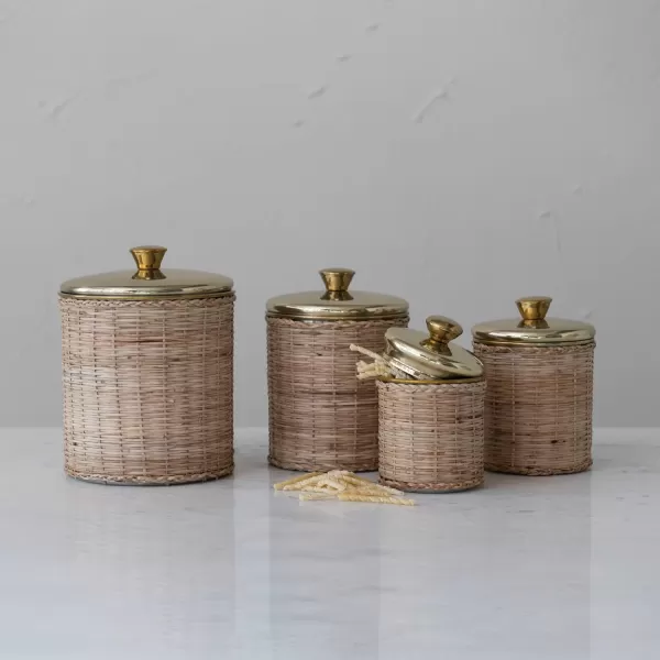 imageCreative CoOp Rattan Wrapped Stainless Steel Canisters Set of 4 Brass Finish Food Storage 6quot L x 6quot W x 9quot H Natural