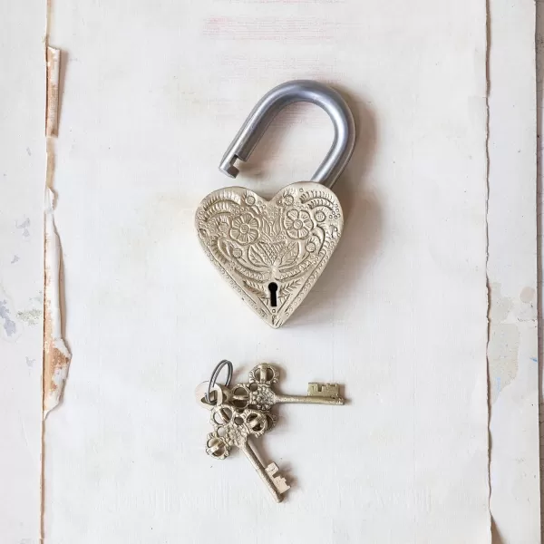 imageCreative CoOp Stainless Steel Heart Shaped Lock with Flowers and Matte Finish Brass Set of 3