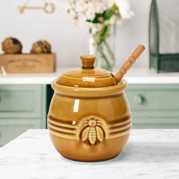 imageCreative CoOp Yellow Stoneware Honey Pot with Lid ampamp Wood Honey DipperAmber
