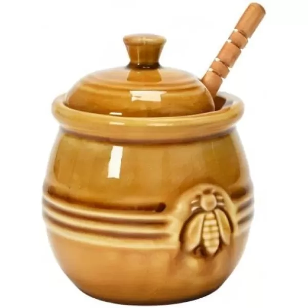 imageCreative CoOp Yellow Stoneware Honey Pot with Lid ampamp Wood Honey DipperAmber