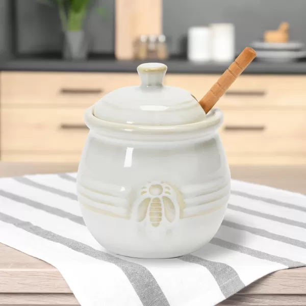 imageCreative CoOp Yellow Stoneware Honey Pot with Lid ampamp Wood Honey DipperWhite