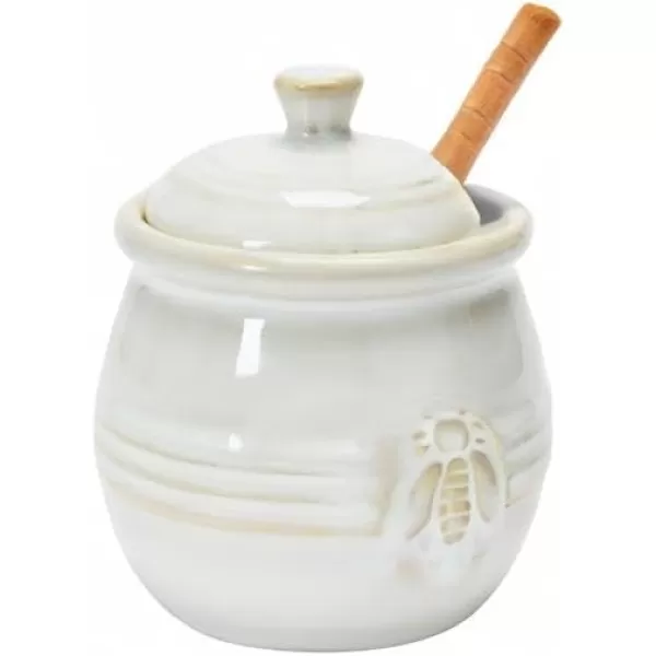 imageCreative CoOp Yellow Stoneware Honey Pot with Lid ampamp Wood Honey DipperWhite