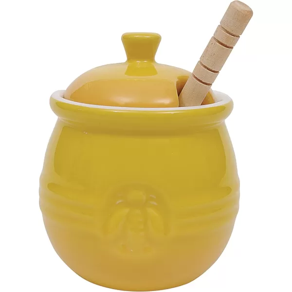 imageCreative CoOp Yellow Stoneware Honey Pot with Lid ampamp Wood Honey DipperYellow