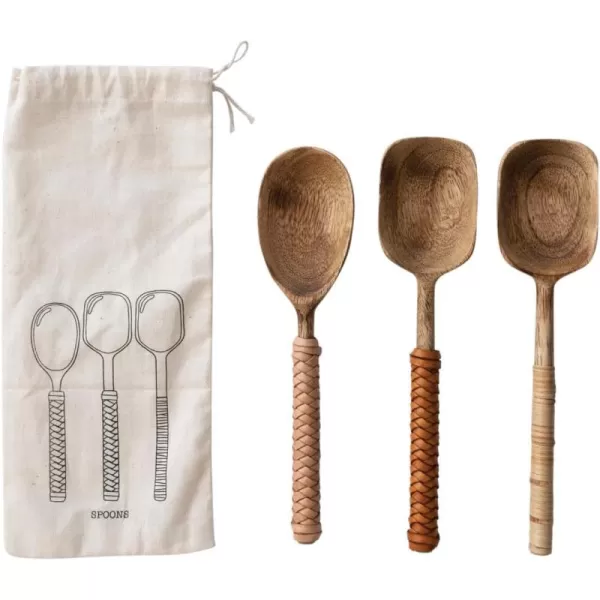 imageCreative CoOp Mango Wood Bamboo and Leather Wrapped Handles Set of 3 Spoon Set 2quot L x 2quot W x 8quot H Natural