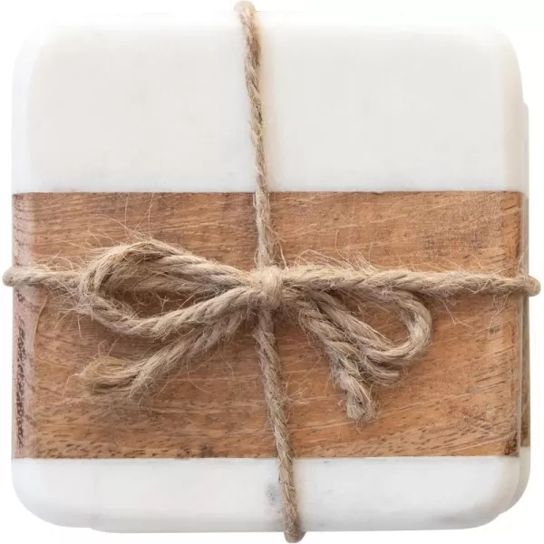 imageCreative CoOp Marble ampamp Acacia Wood White ampamp Natural Set of 4 Coaster 4quot