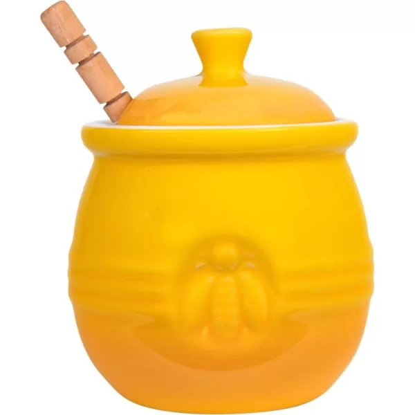imageCreative CoOp Yellow Stoneware Honey Pot with Lid ampamp Wood Honey DipperYellow