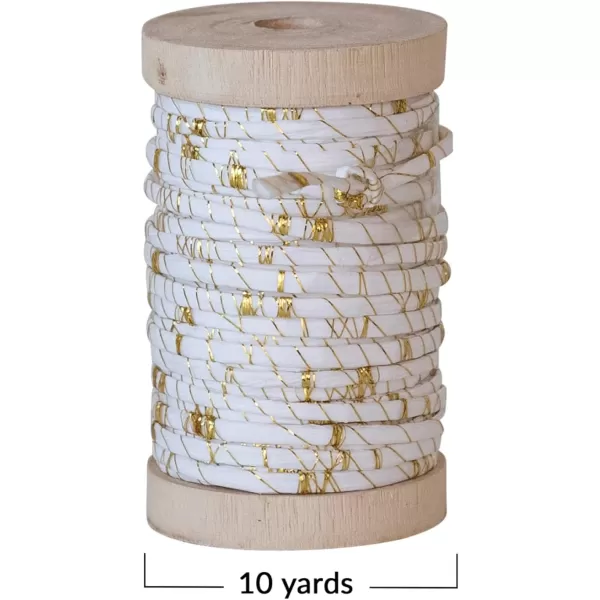 imageCreative CoOp 10 Yard Raffia Wired Ribbon with Metallic Thread on Wood Spool White and Gold Color