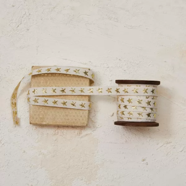 imageCreative CoOp 10Yard Fabric Ribbon on Wood Spool with Metallic Stars Natural and Gold